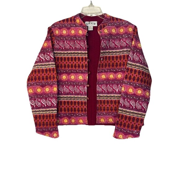 ORVIS Quilted Dress Jacket Women’s Sz XL Colorful Designs Burgundy Pink Yellow - Picture 1 of 12